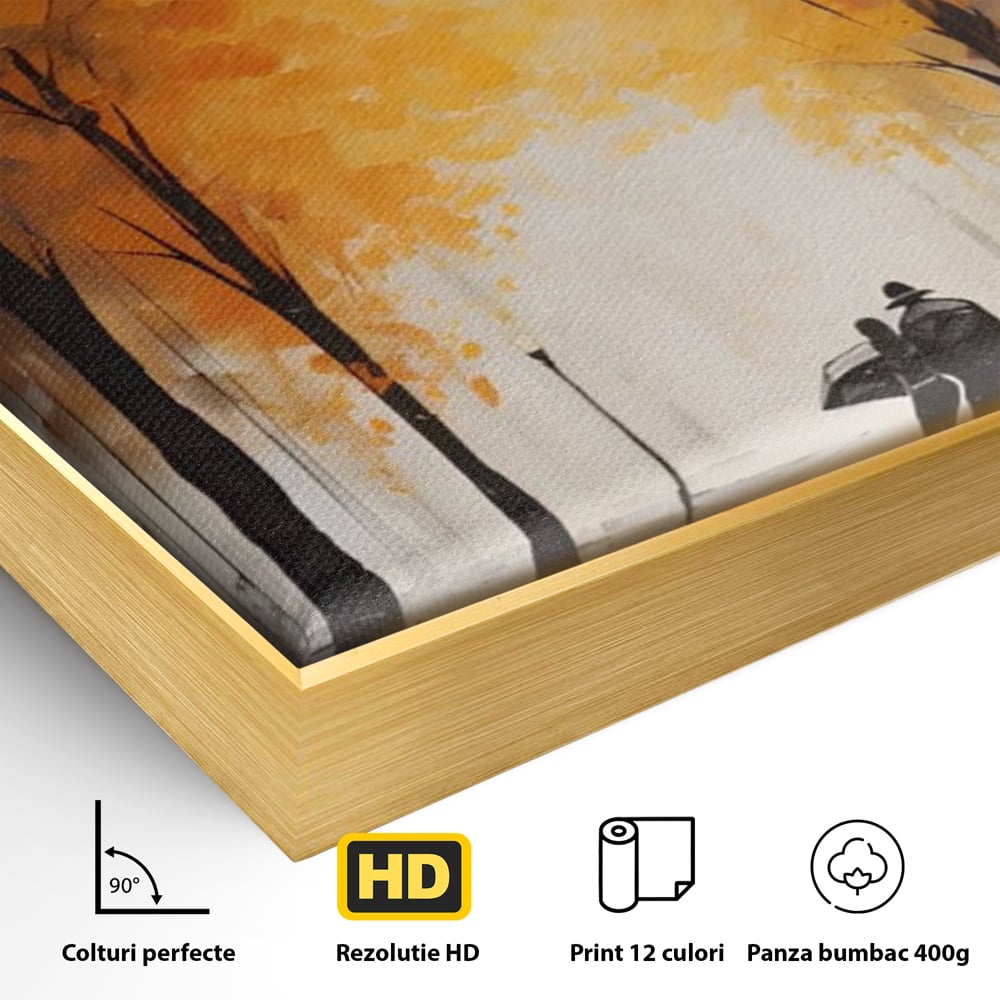 Detaliu al suprafetei: tablou canvas cuplu sub umbrela, in rama de aluminiu auriu